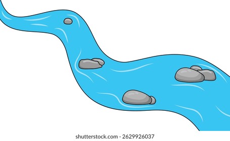 Ilustración vectorial de una corriente fluvial. Cartoon Brook. Cartoon Curve River con agua azul y piedras. Verano o manantial Natural Water Stream