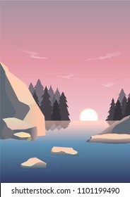 vector illustration of river in the sunset, stone rocks and evergreen trees