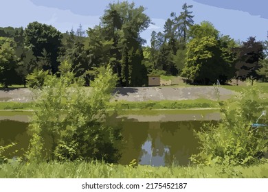 Vector illustration of river and surrounding landscape. View of the river from the side. View across the river to the greenery. Trees, grass, river. Environment. Nice environment. Sunny day, summer.