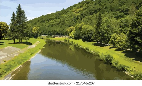 Vector illustration of river and surrounding landscape. Trees and grass along the river. Illustration with the reflection of trees on the water surface. The beautiful nature of the Czech Republic. 