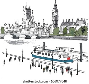 Vector Illustration Of River Thames And Westminster Buildings, London England