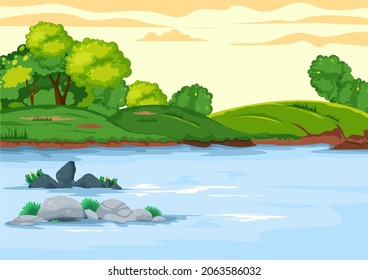 vector illustration of the river under the hill, good for children's books, graphic videos and others