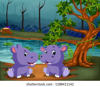 vector illustration of the river view with two big purple hipopotamus playing together