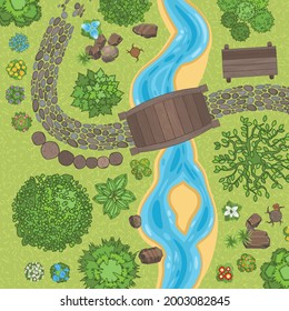 Vector illustration. River with a wooden bridge in the park. Top view.