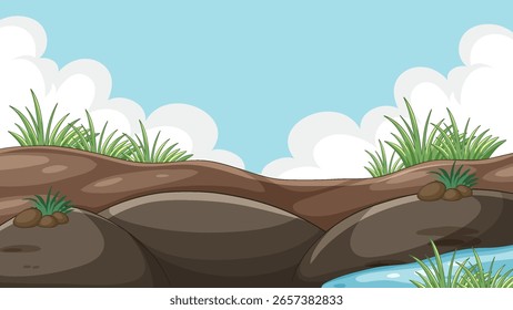 Vektorgrafik einer Uferszene mit Felsen, grünem Gras, blauem Himmel und Wolken im flachen Cartoonstil. Helle, saubere Farben