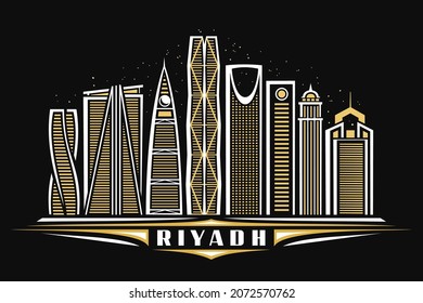 Vector illustration of Riyadh, dark horizontal poster with linear design famous riyadh city scape on dusk starry sky background, urban line art concept with decorative lettering for white word riyadh.