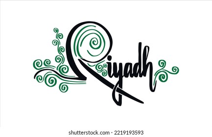Vector Illustration of "Riyadh" in Hand-drawn Styles with Black and Flag Colors Ornament.