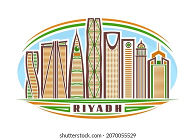 Vector illustration of Riyadh, horizontal sign with linear design famous riyadh city scape on day sky background, urban line art concept with decorative lettering for brown word riyadh on white.