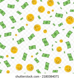 Vector illustration of Riyal  currency. Random pattern of banknotes and coins in green and gold colors on transparent background (PNG). 