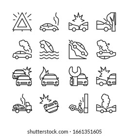 Vector illustration of road accident icon set. Collection of line icons of different types car crash, passenger car, motorcycle and bus, linear design isolated on white background.