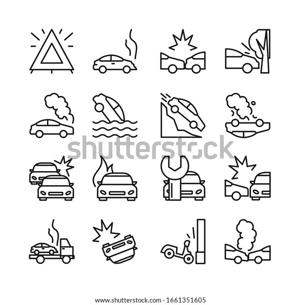 Vector\
illustration of road accident icon set. Collection of line icons of\
different types car crash, passenger car, motorcycle and bus,\
linear design isolated on white\
background.