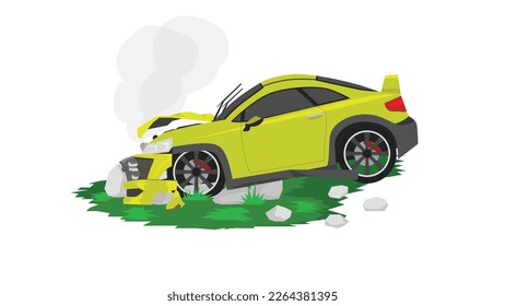 Vector or Illustration of of road accidents. Yellow car collided with the large boulders on the green grass. Front bumper was damaged and smoke was emanating from the hood. 
