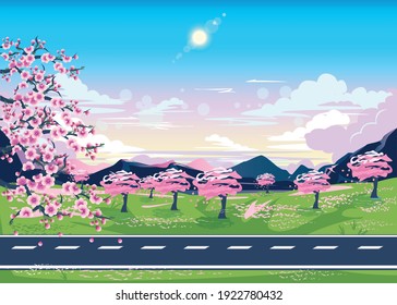 Vector illustration of a road against the backdrop of a blooming cherry orchard and mountains. Spring landscape with a cherry branch, mountains, bright sun and a road.