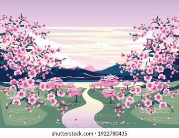 Vector illustration of a road against the backdrop of a blooming cherry orchard and mountains. Spring landscape with a cherry branch, mountains, bright sun and a road.