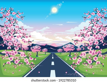 Vector illustration of a road against the backdrop of a blooming cherry orchard and mountains. Spring landscape with a cherry branch, mountains, bright sun and a road.