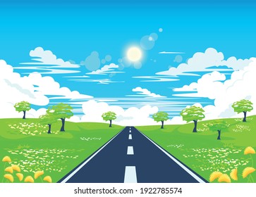 Vector illustration of a road against the background of a blooming meadow, trees and flowers. Summer or spring landscape with a country road.