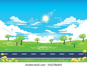Vector illustration of a road against the background of a blooming meadow, trees and flowers. Summer or spring landscape with a country road.