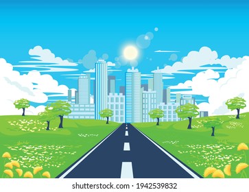 Vector illustration of a road against the background of a summer urban landscape in bright colors. Background with the image of a summer sunny day, trees, dandelions and the road to the big city.