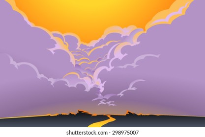 Vector illustration of a road, aiming for a horizon, with  beautiful crimson glow in the sky and the great cumulus clouds in the background. Empty space leaves room for design elements or text. Poster.