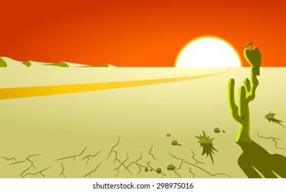 Vector illustration of a road, aiming for a horizon, and a big bird, sitting on the cactus in the barren wilderness, with the glaring coppery sky and the huge desert sun in the background. Postcard.