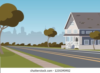 Vector illustration road along the inhabited city. Vector illustration of a cartoon road passing through a small populated town with townhouses. The concept of life outside the city