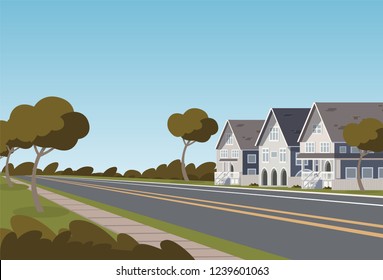 Vector illustration road along the inhabited city. Vector illustration of a cartoon road passing through a small populated town with townhouses. The concept of life outside the city