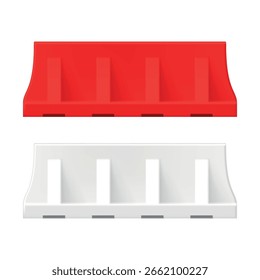 Ilustración vectorial de barreras viales utilizadas durante la reparación de carreteras, en colores rojo y blanco, que ayudan a redirigir de forma segura el tráfico y el flujo de personas durante las obras de construcción.