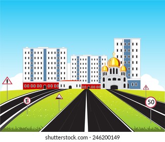 Vector illustration of the road in big city