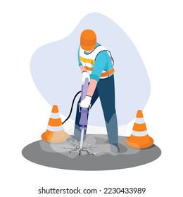 Ilustración vectorial del constructor de carreteras con jackhammer. Escena de caricatura con un hombre que construye caminos y está cercado con conos sobre fondo blanco.