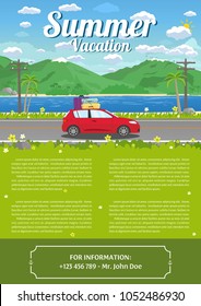 Vector Illustration of the road, car, sea and mountains with words Summer Vacation. Travel template concept.