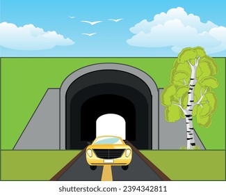 Vector illustration of the road and car from subway under mountain
