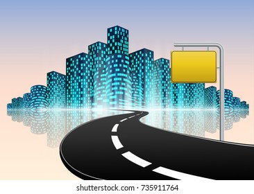 Vector illustration of Road to the city with road traffic yellow sign