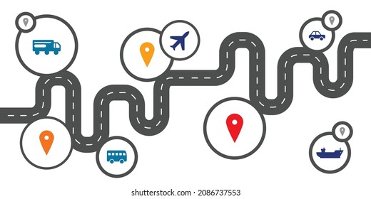 ilustración vectorial de la carretera con diferentes símbolos de los vehículos de transporte para la entrega y la navegación