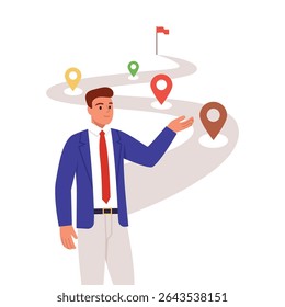 Vector illustration of the road to the goal.Cartoon scene of businessman in a jacket, shirt, tie, pants, pointing at the road with location signs leading to the flag isolated on a white background.
