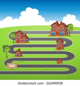 Vector illustration of road going through from small to bigger houses.