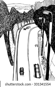 Vector illustration with road. Hand drawn ink sketch. Isolated. Landscape with road and cars.
Black and white.