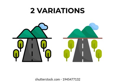 Vector illustration of road icon. Road with mountains and trees, use two variations flat and lineal color