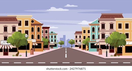 Vector illustration of a road with an intersection. Cartoon scene of a cityscape with colorful houses, shops, trees, lampposts, garbage cans, silhouettes of buildings on the horizon and a road.