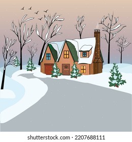 Vector illustration. The road leading to a secluded house with smoke flying out of the chimney, surrounded by snow-covered trees. Flying birds At sunset. With falling snow.