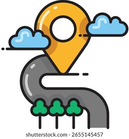 Vector Illustration of a Road, Location Pin, and Clouds, Travel 