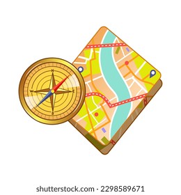 Vector illustration of road map and compass in cartoon style isolated on white background