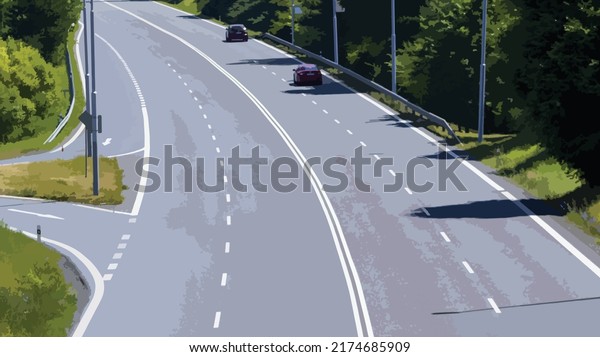 Vector illustration of a road with\
moving cars. Trees around the road. Travel, transport, automobile.\
White road markings on the road. Vacation,\
holidays.