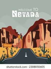 Vector illustration road Nevada, USA. Desert, Utah, Arizona. Design for travel posters, banners, postcards and travel guide covers