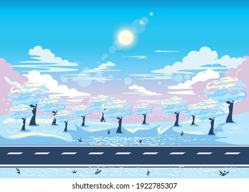 Ilustración vectorial de una carretera sobre el fondo de un paisaje invernal de colores pastel. Antecedentes con la imagen de un día soleado de invierno, árboles en la nieve y en la carretera.