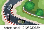 Vector or illustration of the road in the park with trees and bushes. Above view of curved route of a race track. Racing cars are numbered one, two and three in the order they compete.