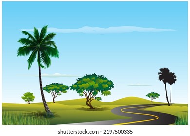 Vector illustration of a road path through a wide field of nature.