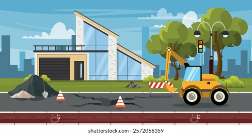 Vector illustration of road reconstruction works.Cartoon scene of cityscape with repair of cracks in asphalt, excavator, shovel, piles of rubble, gravel, bike path, houses, traffic light, street lamp.