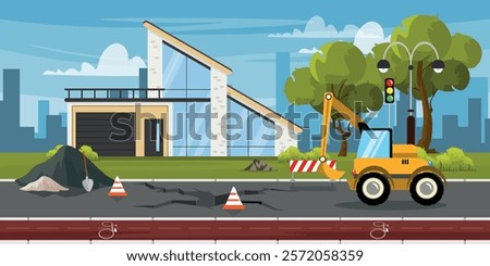 Vector illustration of road reconstruction works.Cartoon scene of cityscape with repair of cracks in asphalt, excavator, shovel, piles of rubble, gravel, bike path, houses, traffic light, street lamp.