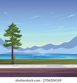 Ilustración vectorial de una carretera con caminos y montañas