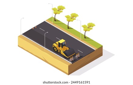 Vector illustration of a road roller on an asphalt road with traffic cones, street lamps, and trees on a white background, concept of road construction. Vector illustration